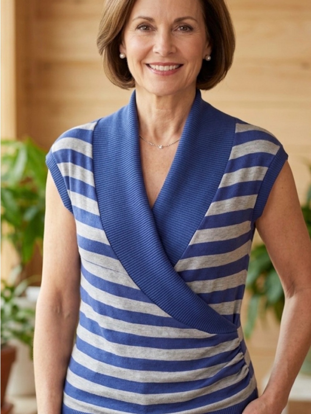 Passport Navy and Light Gray Striped Sleeveless Knit Top